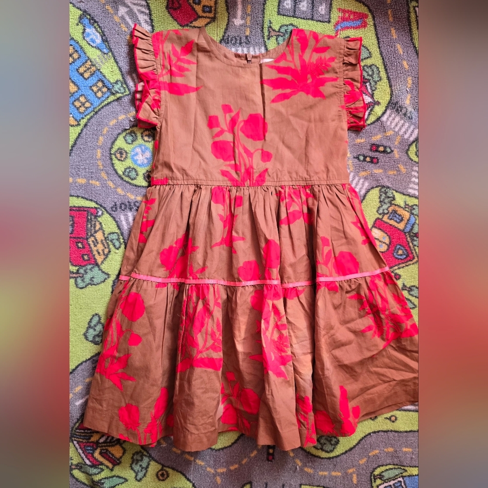 Pink Chicken Floral Kids Dress in Brown
